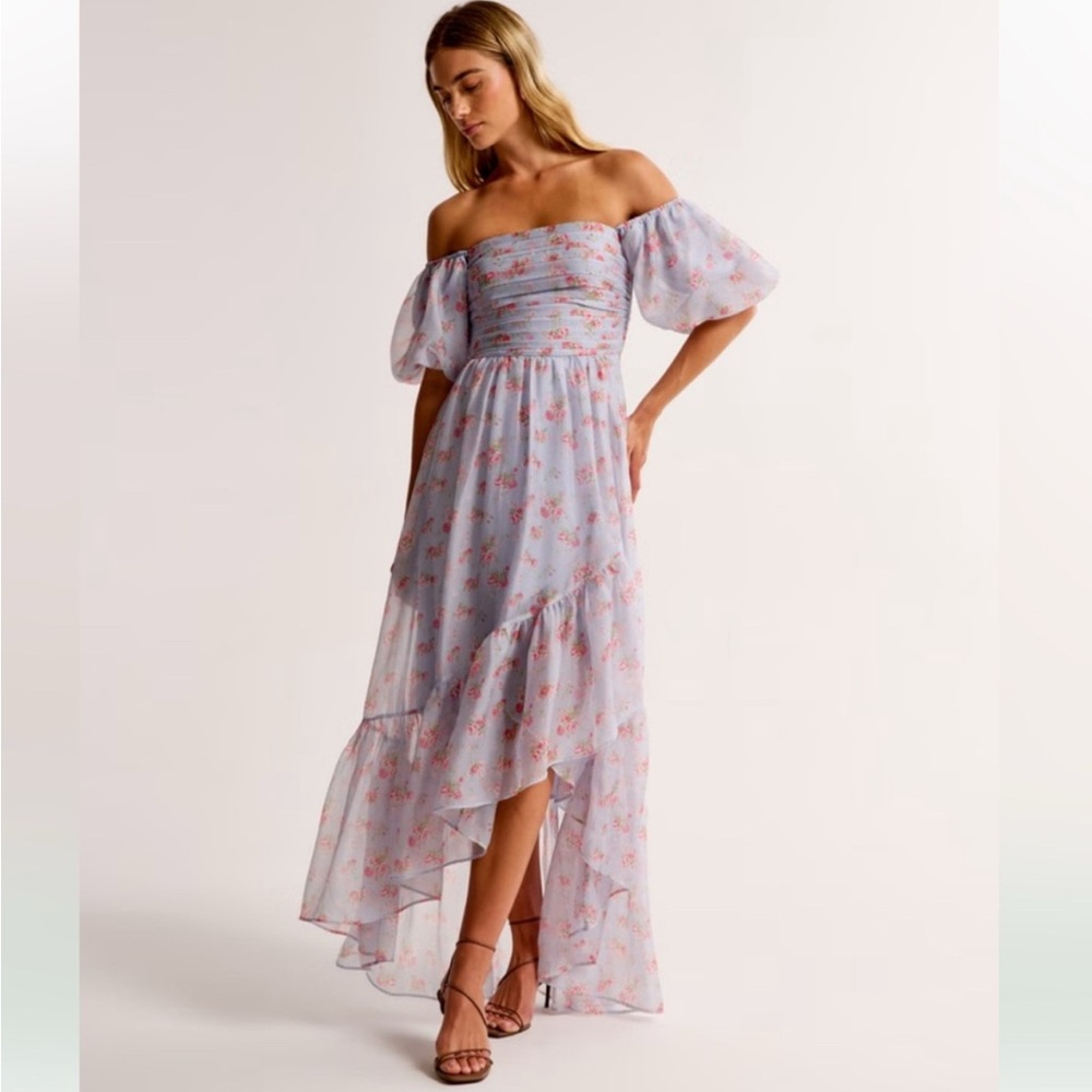 Abercrombie & Fitch Light Blue Off-Shoulder Floral High-Low Dress
